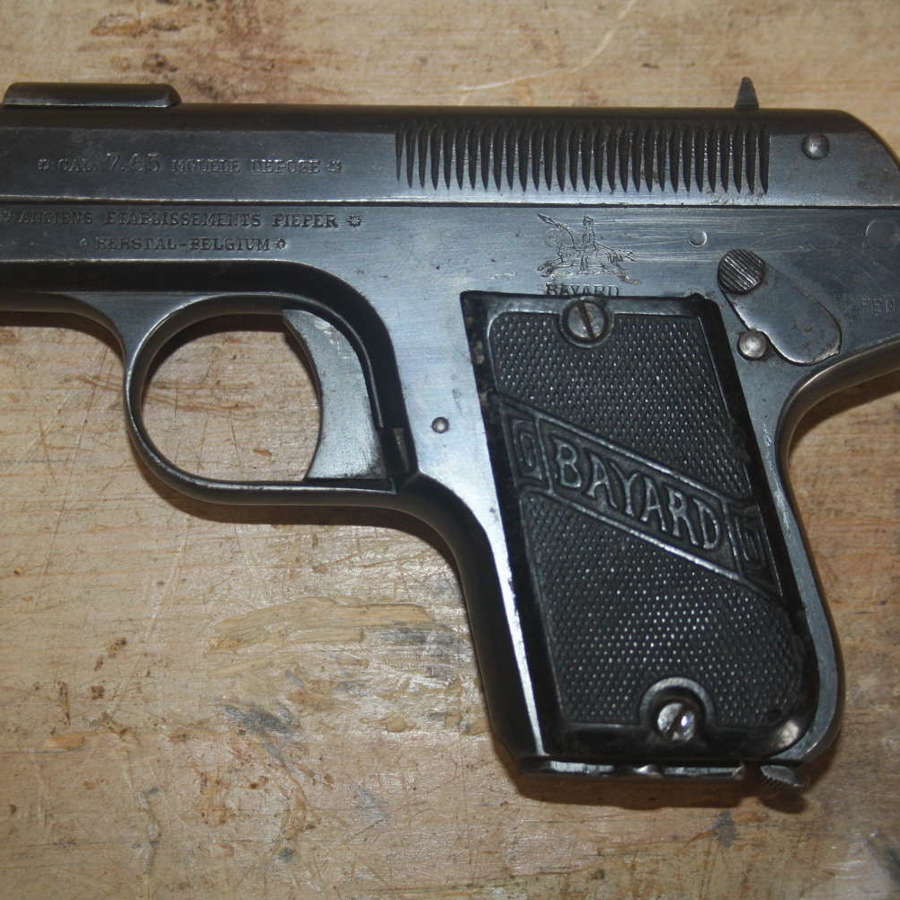 A OLD SPEC 7.65 BAYARD PISTOL. ALL CLICKS DRY FIRERS.