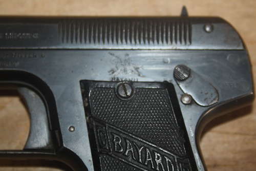 A OLD SPEC 7.65 BAYARD PISTOL. ALL CLICKS DRY FIRERS.