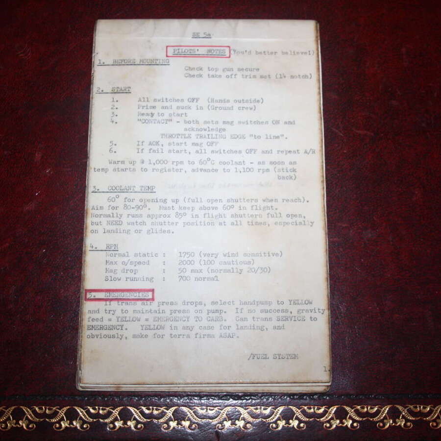 ORIGINAL PILOTS NOTES FOR A WW1 FIGHTER PLANE SE 5A.