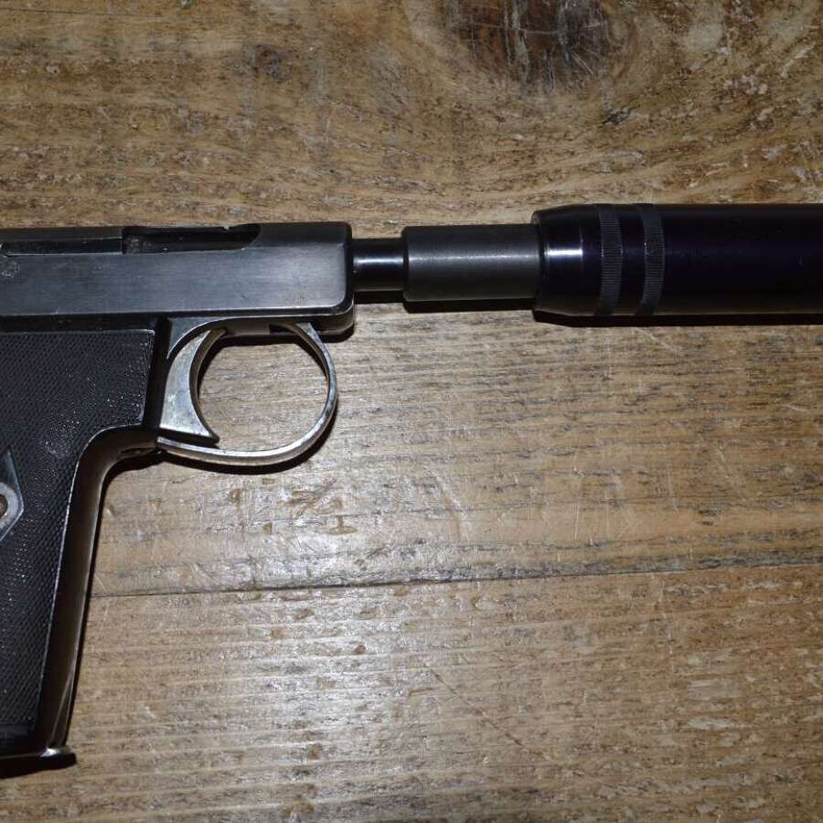 A .32 WEBLEY AUTO PISTOL. FITTED WITH A DUMMY SILENCER. EU DEACT.