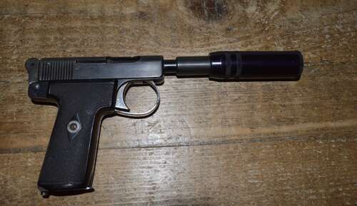 A .32 WEBLEY AUTO PISTOL. FITTED WITH A DUMMY SILENCER. EU DEACT.