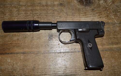 A .32 WEBLEY AUTO PISTOL. FITTED WITH A DUMMY SILENCER. EU DEACT.