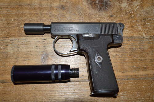 A .32 WEBLEY AUTO PISTOL. FITTED WITH A DUMMY SILENCER. EU DEACT.