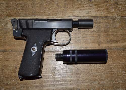 A .32 WEBLEY AUTO PISTOL. FITTED WITH A DUMMY SILENCER. EU DEACT.