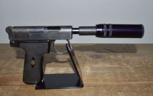 A .32 WEBLEY AUTO PISTOL. FITTED WITH A DUMMY SILENCER. EU DEACT.