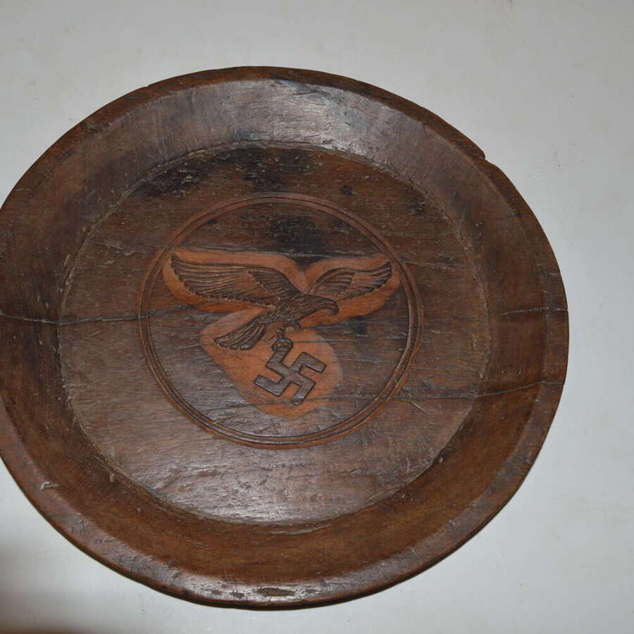 A LARGE GERMAN WW2 LUFTWAFFER WOODEN BOWL.POSSIBLY POW MADE. 15" DIA.