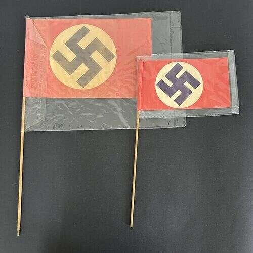 Two WW2 German NSDAP Rally paper flags on wooden sticks, the largest flag size 12