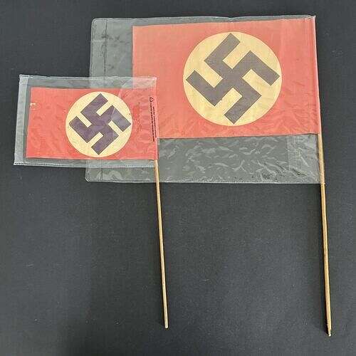 Two WW2 German NSDAP Rally paper flags on wooden sticks, the largest flag size 12